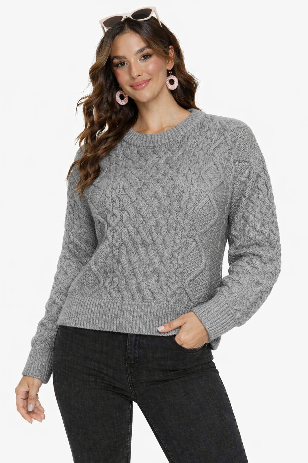Dark Grey 100% Acrylic Cable Knit Round Neck Full Sleeve Sweater
