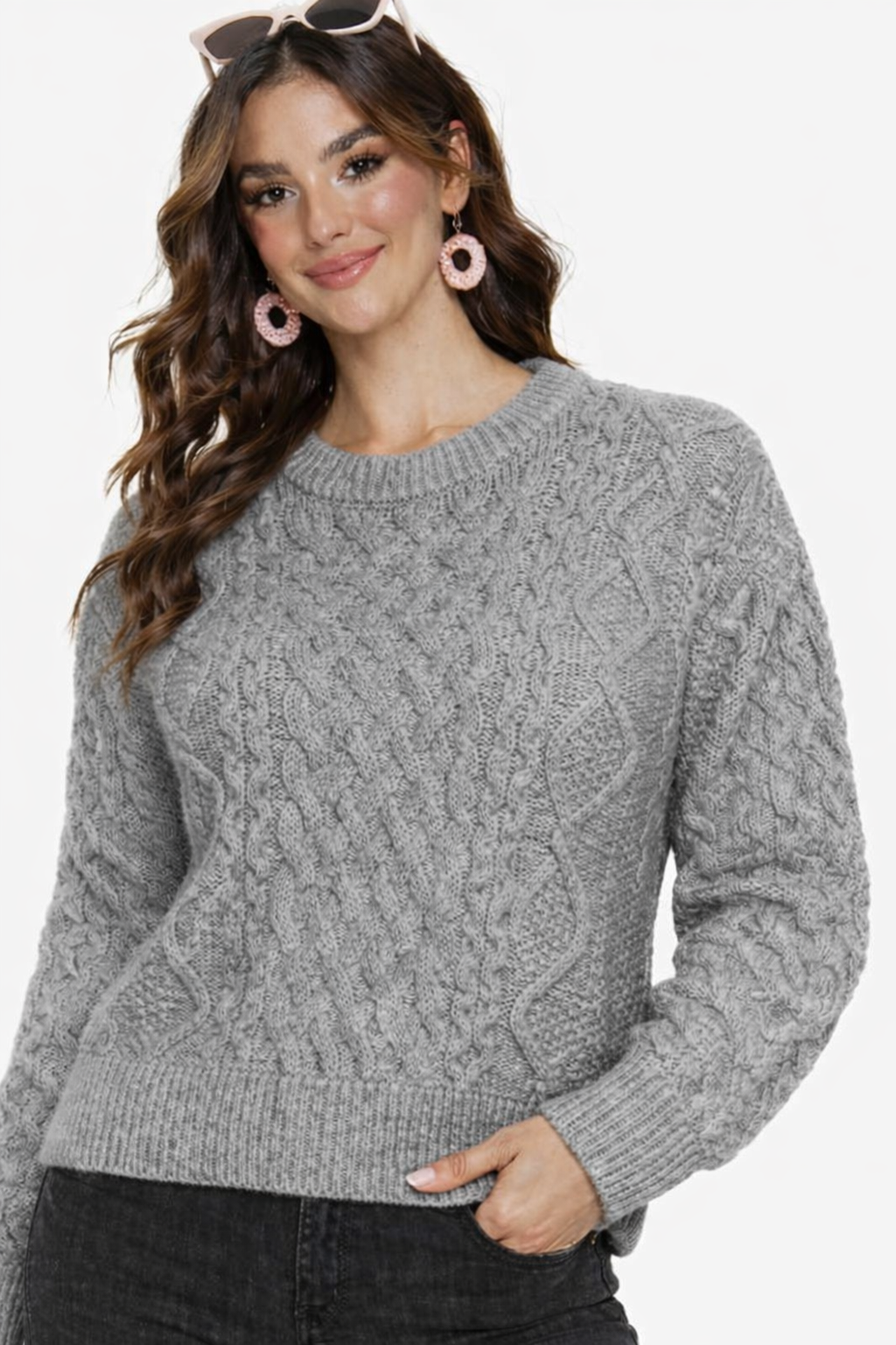 Dark Grey 100% Acrylic Cable Knit Round Neck Full Sleeve Sweater