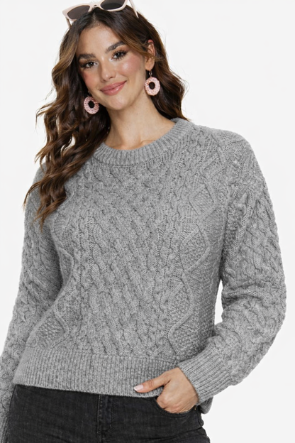Dark Grey 100% Acrylic Cable Knit Round Neck Full Sleeve Sweater