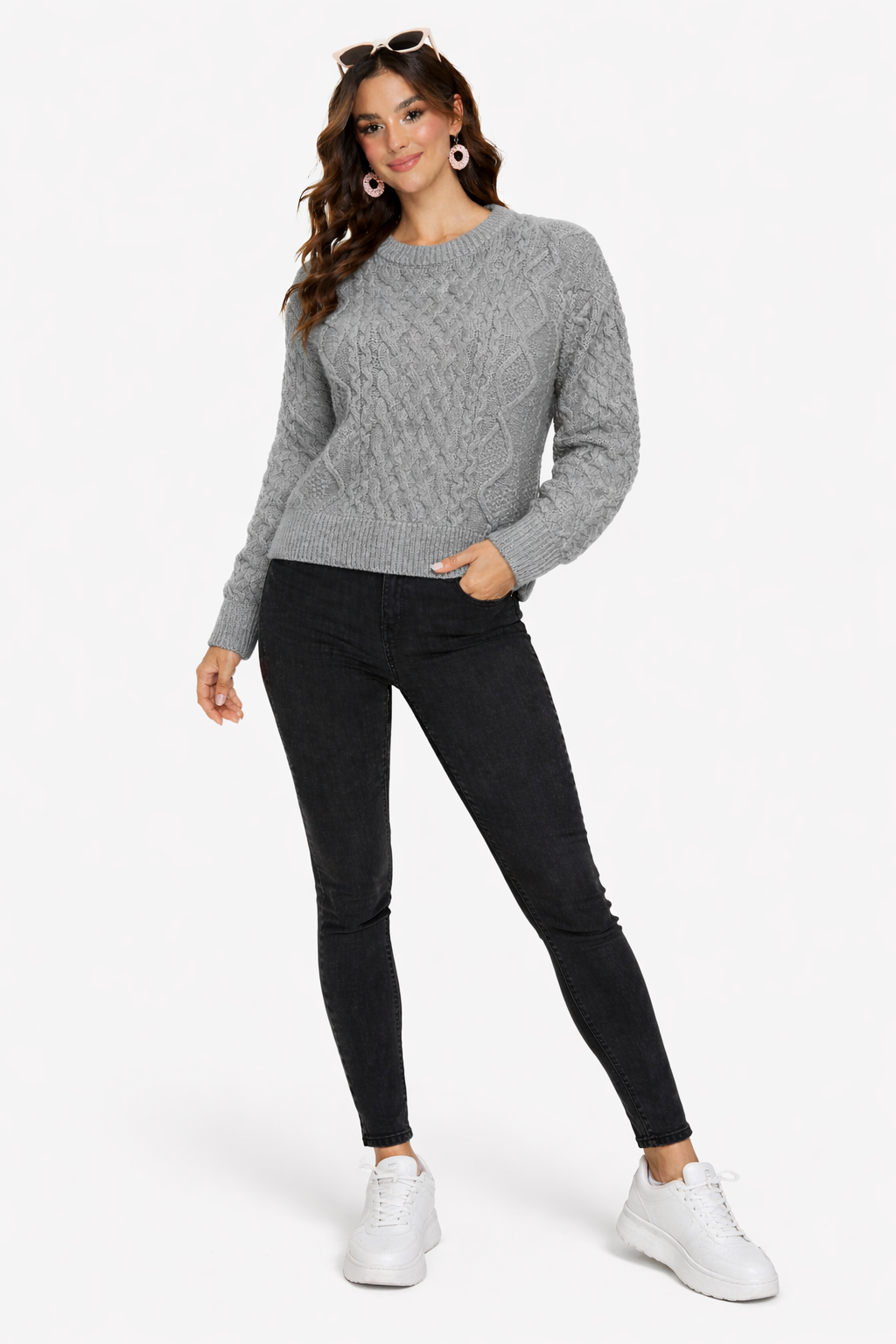 Dark Grey 100% Acrylic Cable Knit Round Neck Full Sleeve Sweater