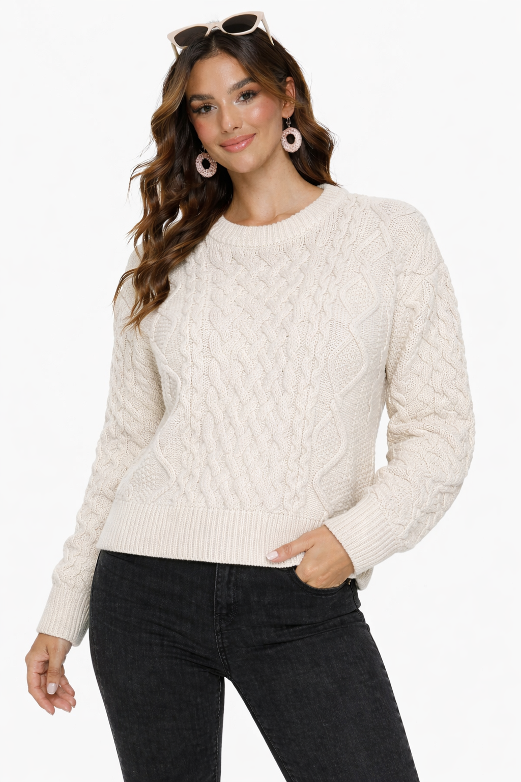 White 100% Acrylic Cable Knit Round Neck Full Sleeve Sweater