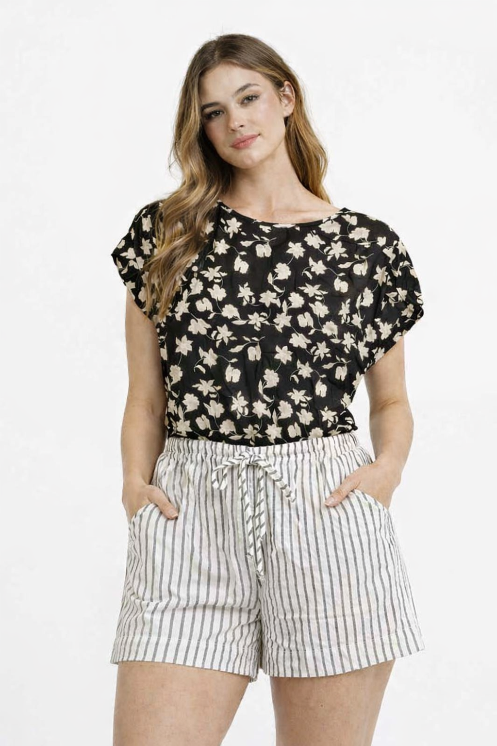 Cream Striped Cotton Linen Blend Casual Shorts with 2 Side Pockets