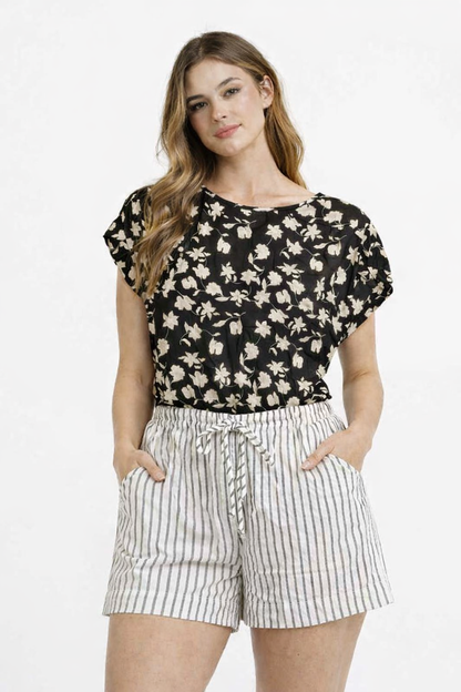 Cream Striped Cotton Linen Blend Casual Shorts with 2 Side Pockets