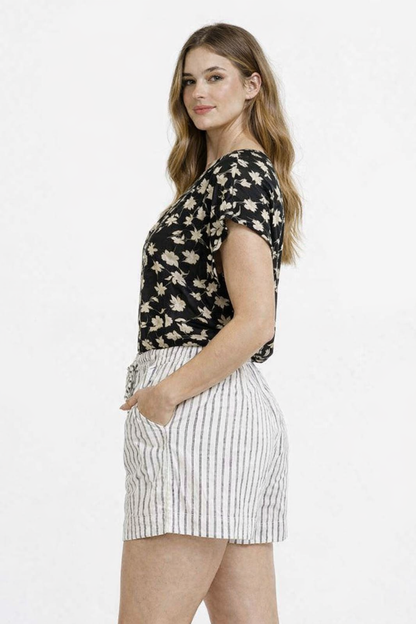 Cream Striped Cotton Linen Blend Casual Shorts with 2 Side Pockets