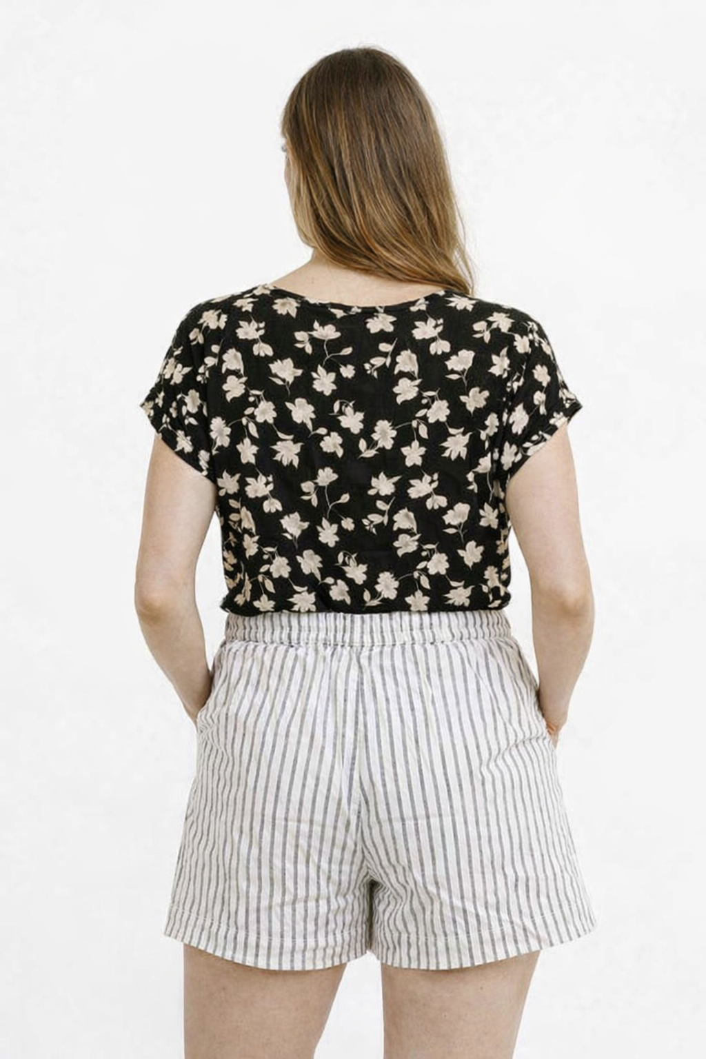 Cream Striped Cotton Linen Blend Casual Shorts with 2 Side Pockets