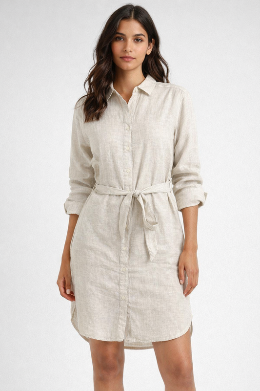 Light Grey Linen Blend Shirt Dress with Waist Tie Belt