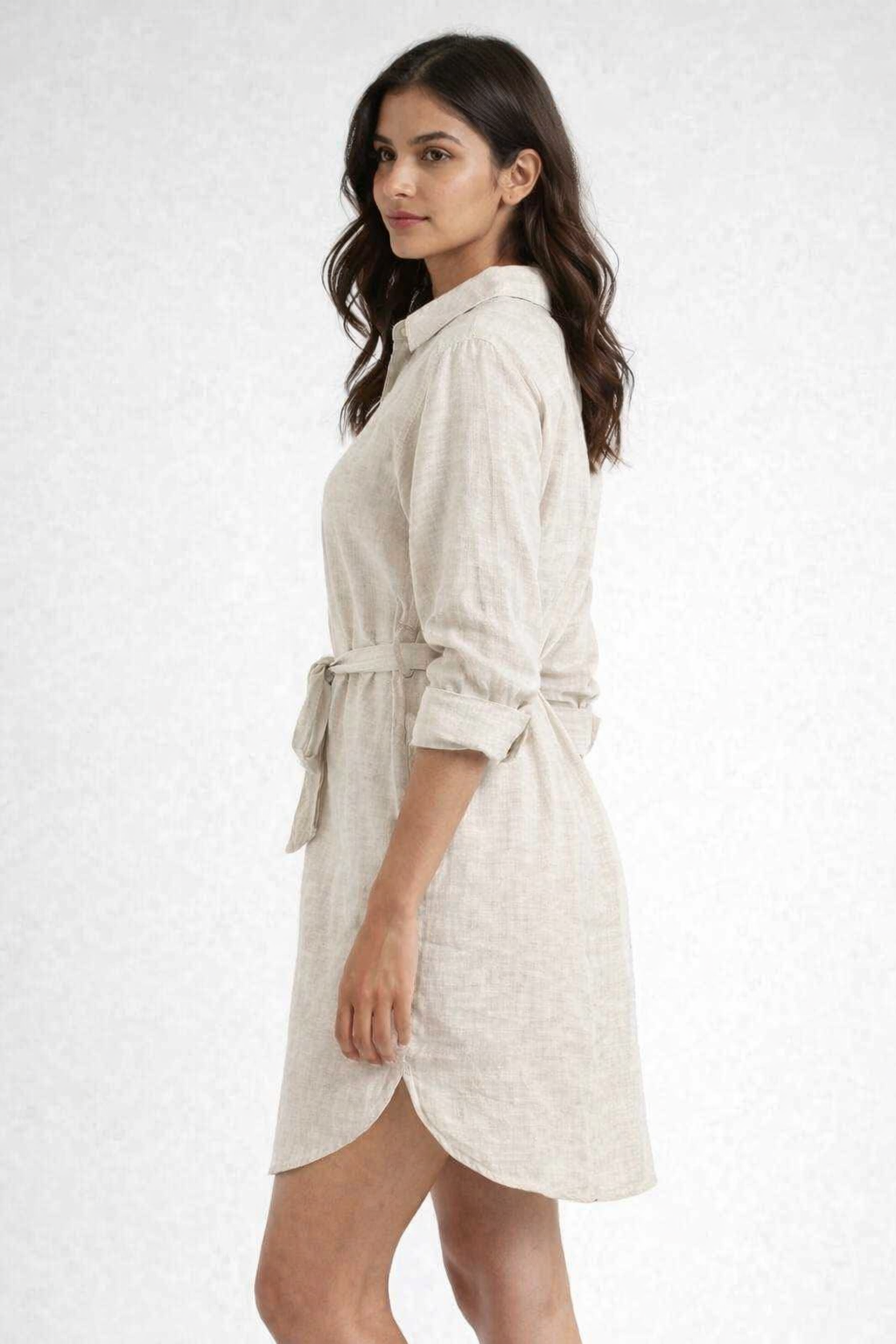 Light Grey Linen Blend Shirt Dress with Waist Tie Belt