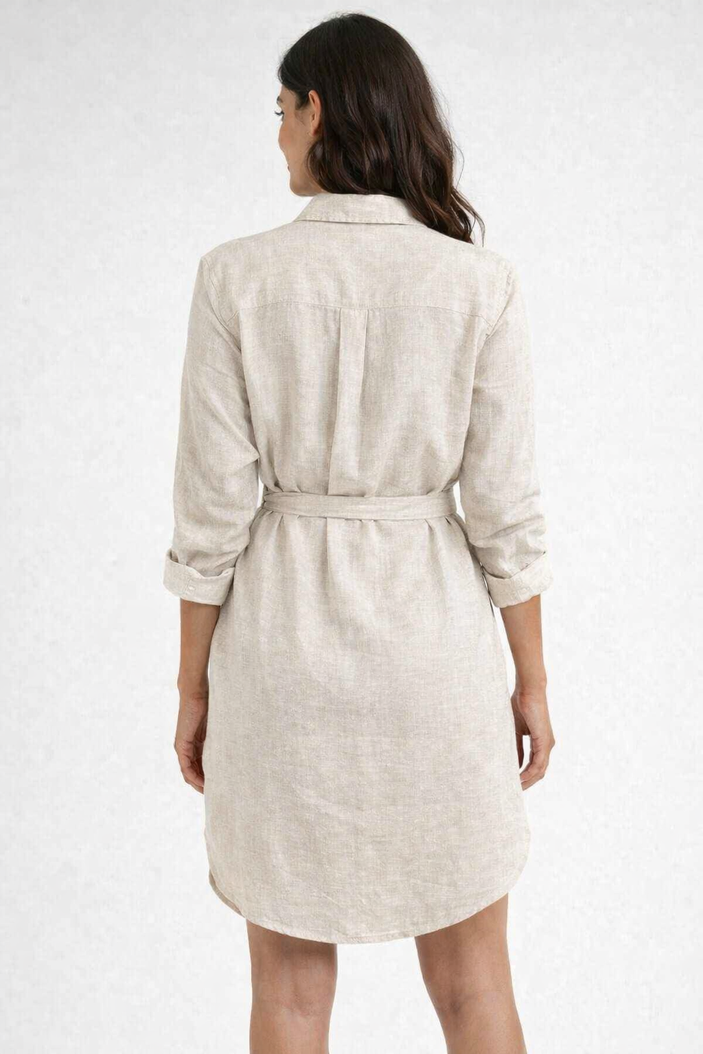 Light Grey Linen Blend Shirt Dress with Waist Tie Belt