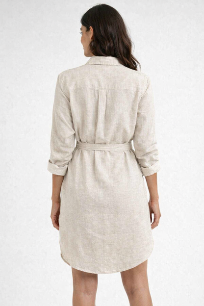 Light Grey Linen Blend Shirt Dress with Waist Tie Belt