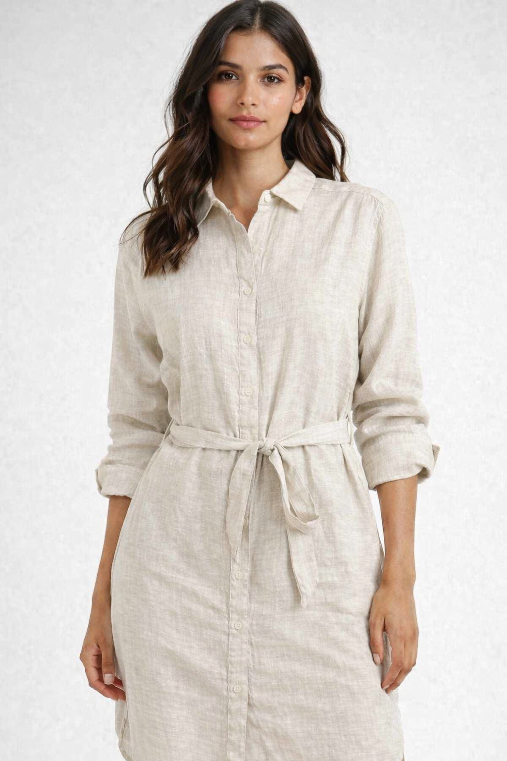Light Grey Linen Blend Shirt Dress with Waist Tie Belt