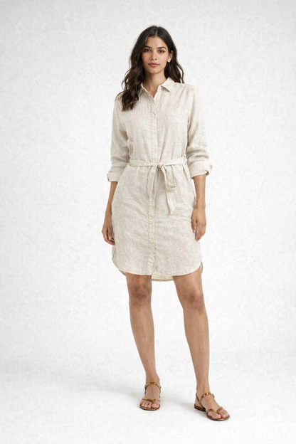Light Grey Linen Blend Shirt Dress with Waist Tie Belt