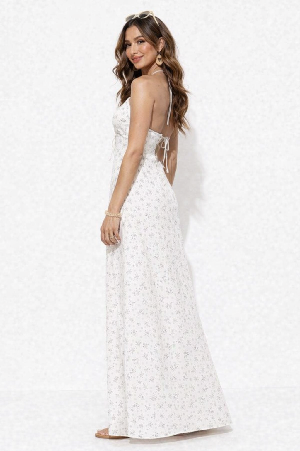 Off White Floral Halter Neck Sleeveless Maxi Dress