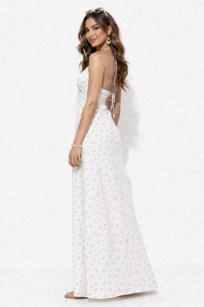 Off White Floral Halter Neck Sleeveless Maxi Dress