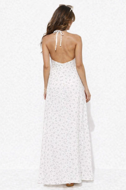 Off White Floral Halter Neck Sleeveless Maxi Dress