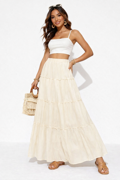 Cream High Waist Tiered Flared Maxi Skirt