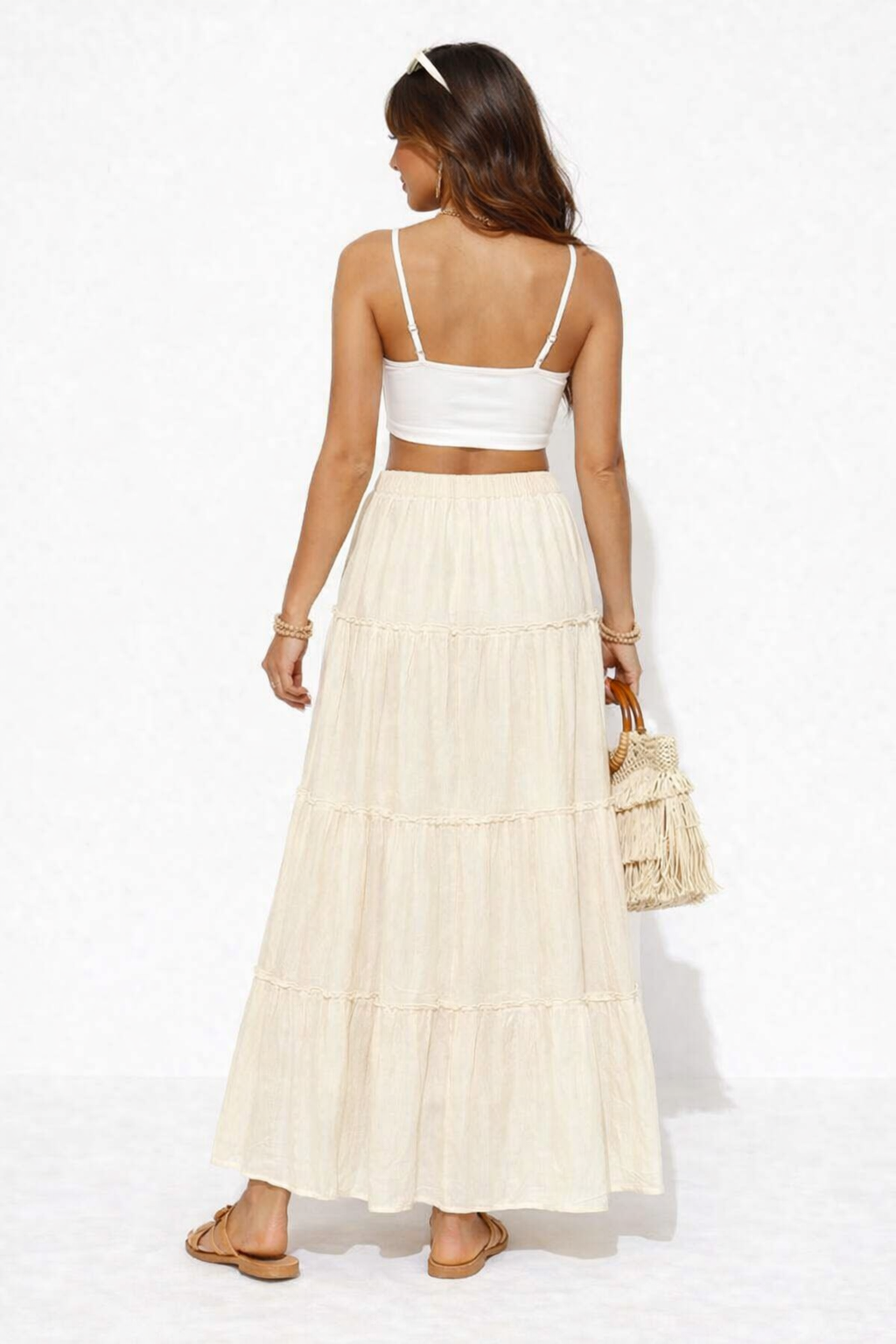Cream High Waist Tiered Flared Maxi Skirt