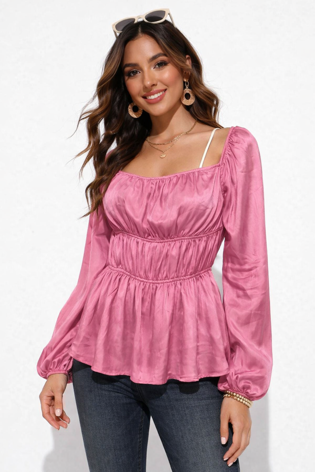 Pink Square Neck Full Sleeve Smocked Peplum Top