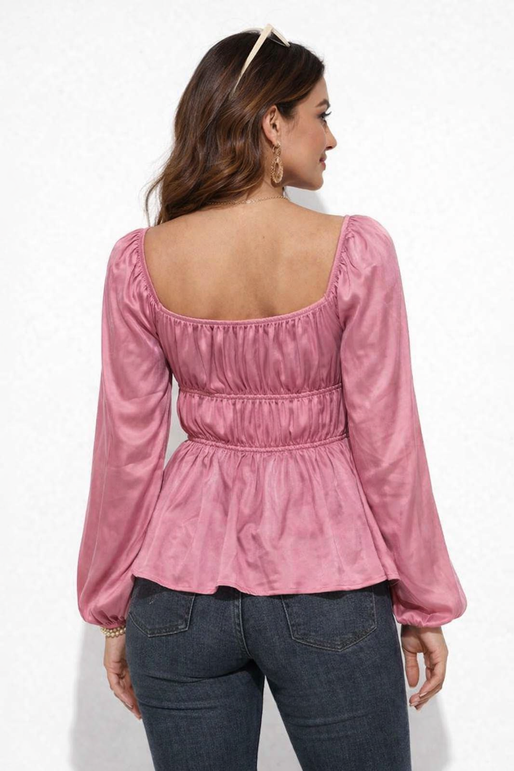 Pink Square Neck Full Sleeve Smocked Peplum Top