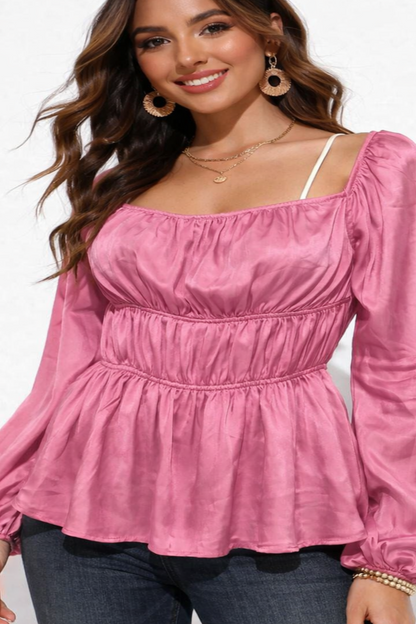 Pink Square Neck Full Sleeve Smocked Peplum Top