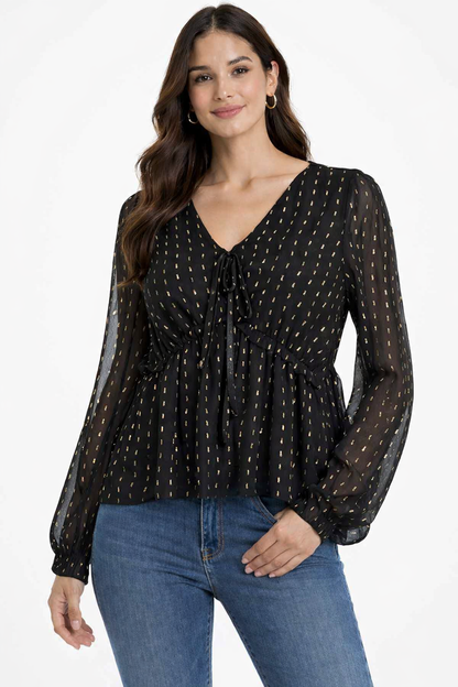 Black V-Neck Full Sleeve Tie-Up Peplum Top