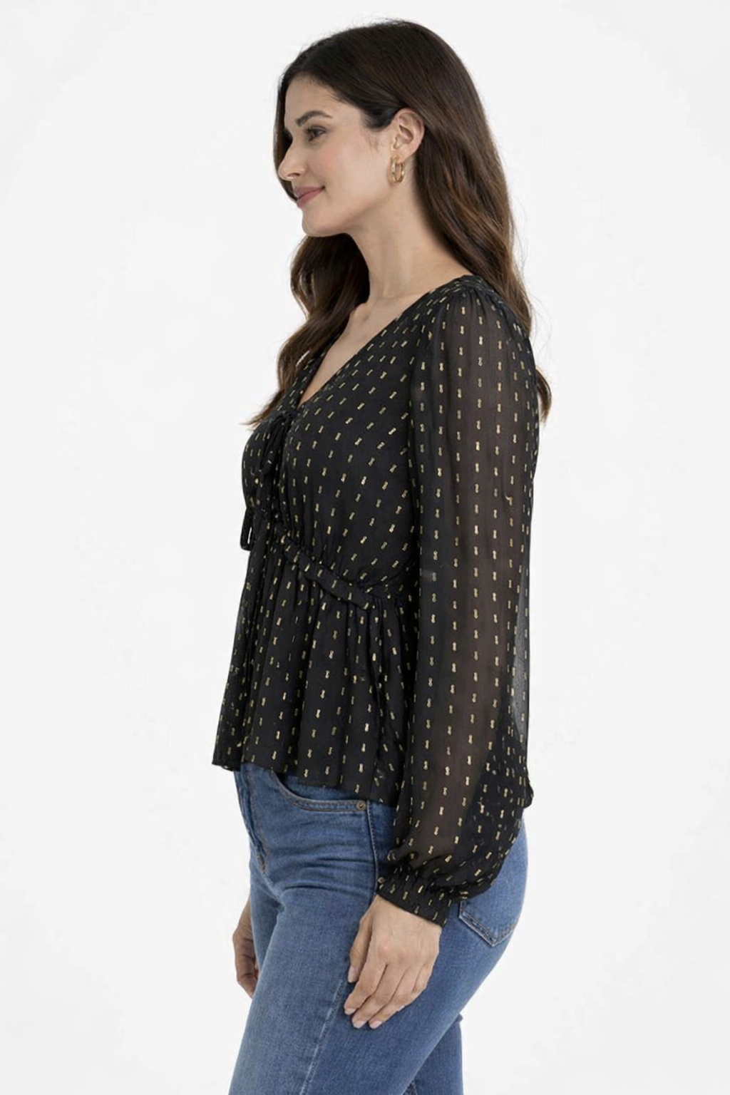 Black V-Neck Full Sleeve Tie-Up Peplum Top