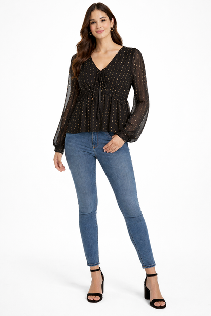 Black V-Neck Full Sleeve Tie-Up Peplum Top