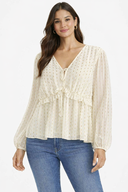 Cream V-Neck Full Sleeve Tie-Up Peplum Top