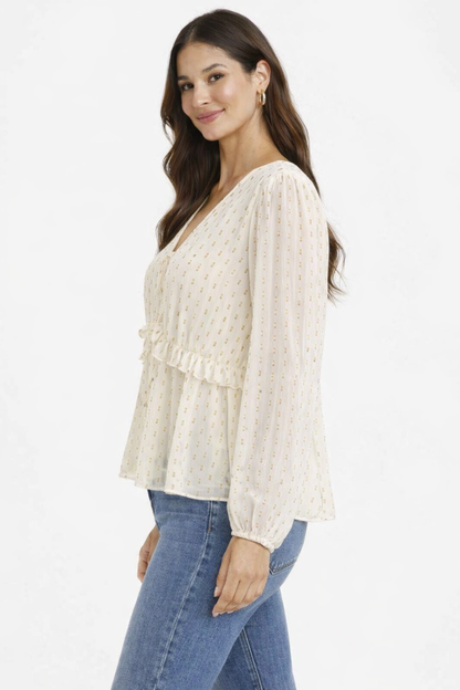 Cream V-Neck Full Sleeve Tie-Up Peplum Top