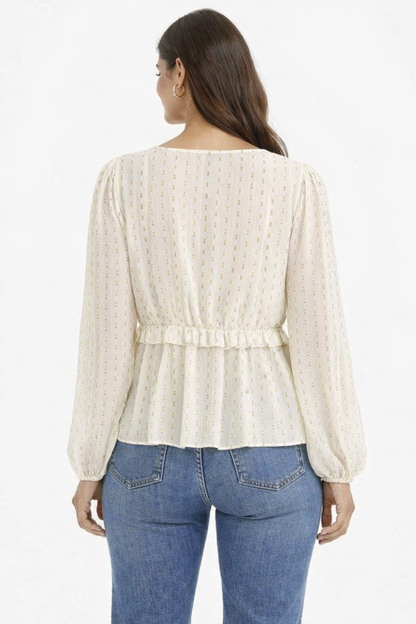 Cream V-Neck Full Sleeve Tie-Up Peplum Top