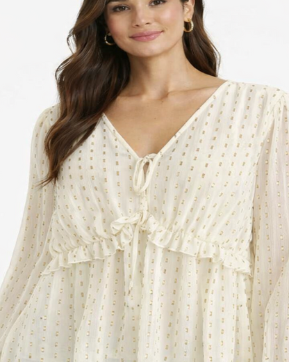 Cream V-Neck Full Sleeve Tie-Up Peplum Top
