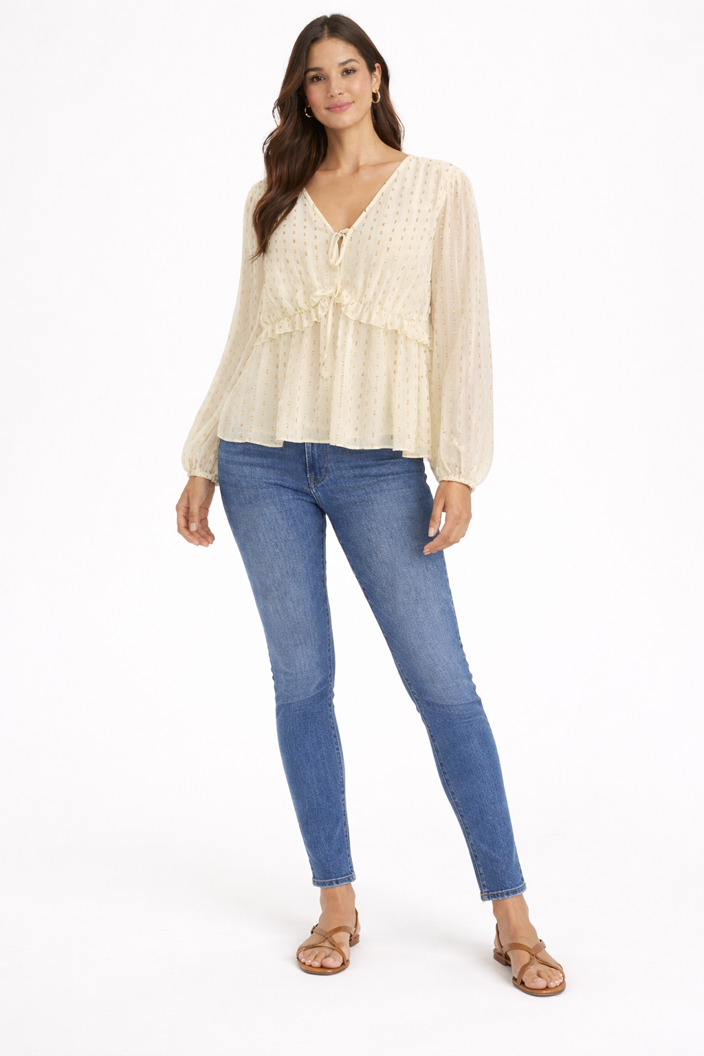 Cream V-Neck Full Sleeve Tie-Up Peplum Top