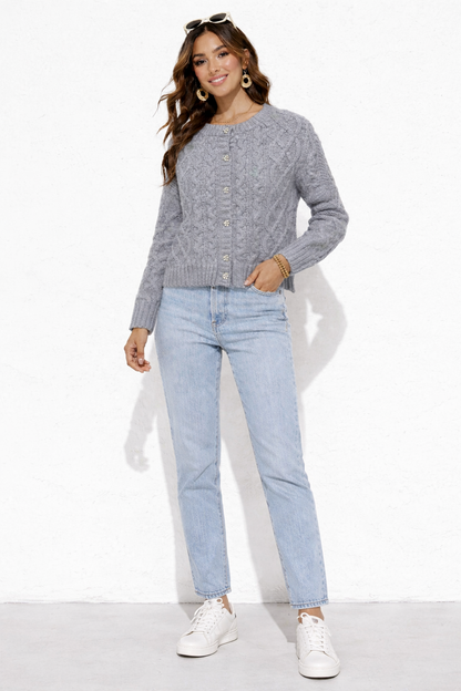 Grey Cable Knit Button-Up Cardigan | 85% Polyester, 10% Nylon, 5% Wool