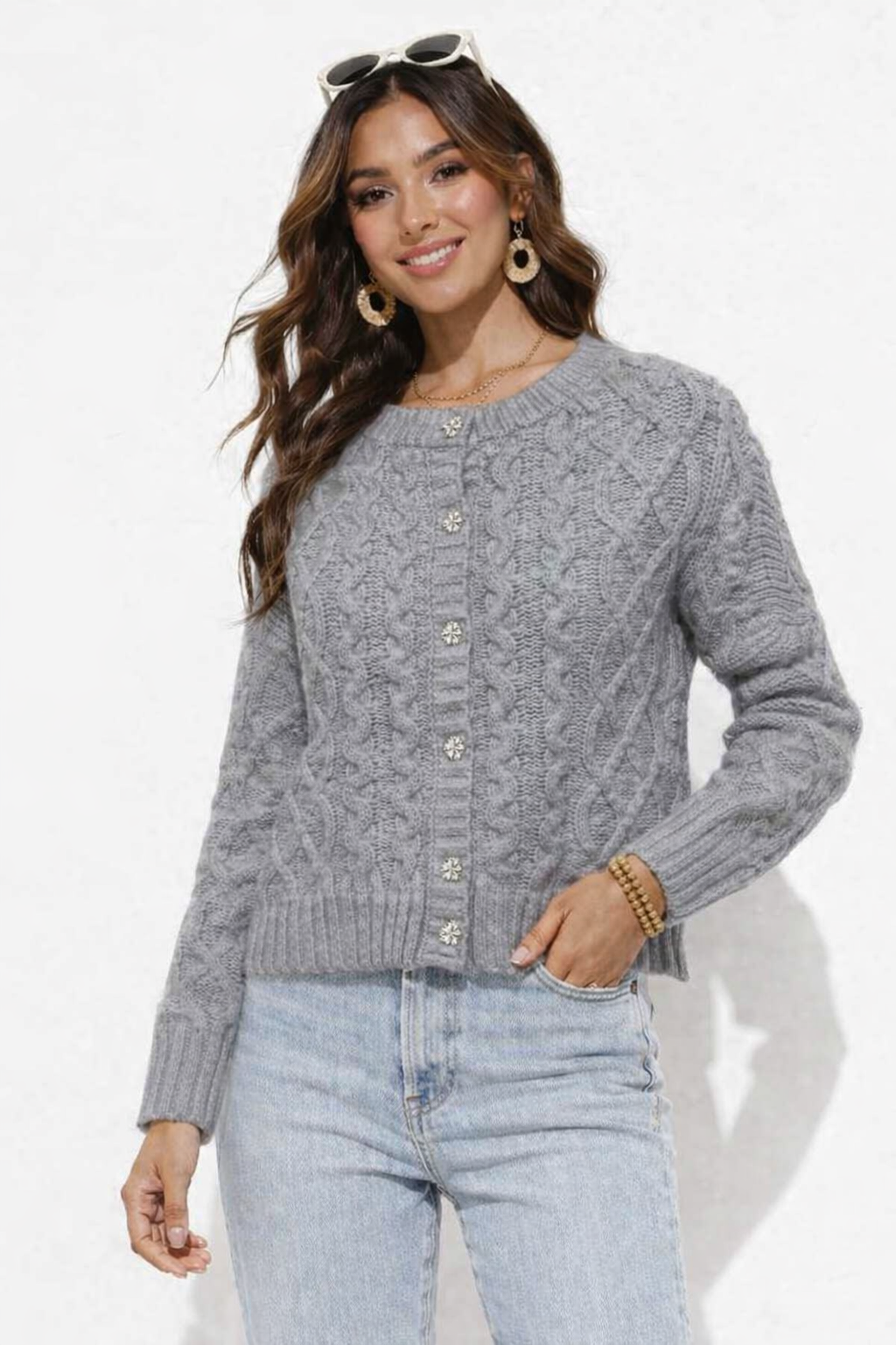 Grey Cable Knit Button-Up Cardigan | 85% Polyester, 10% Nylon, 5% Wool