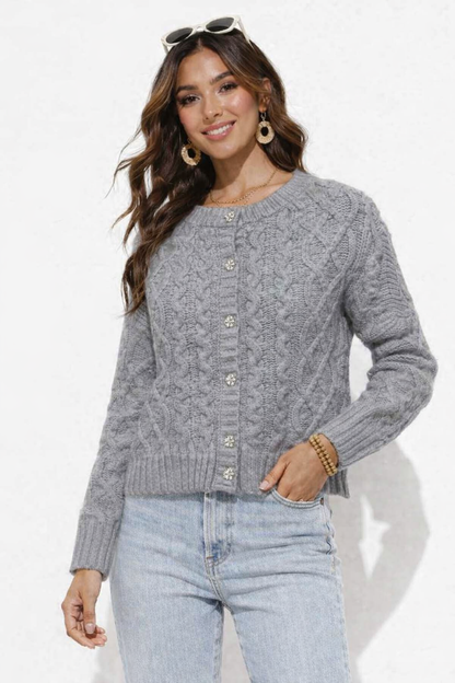 Grey Cable Knit Button-Up Cardigan | 85% Polyester, 10% Nylon, 5% Wool