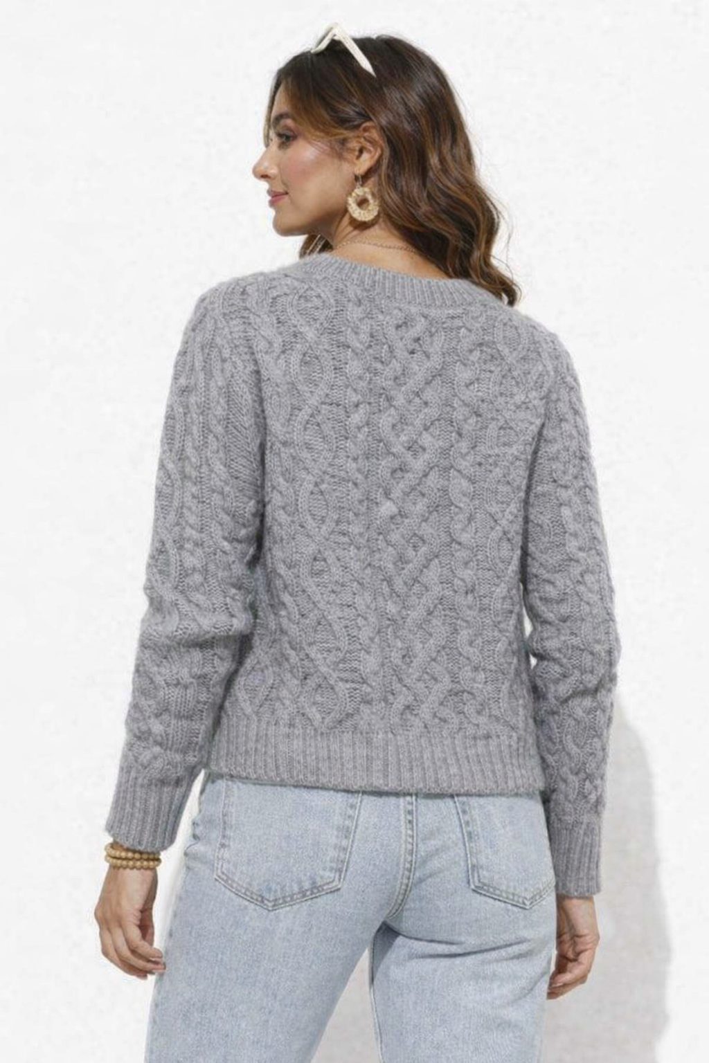 Grey Cable Knit Button-Up Cardigan | 85% Polyester, 10% Nylon, 5% Wool