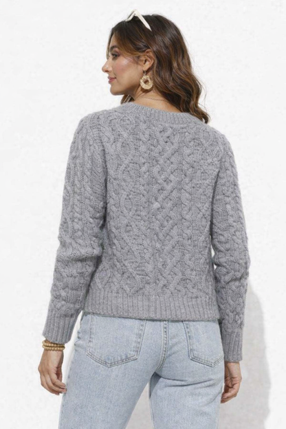 Grey Cable Knit Button-Up Cardigan | 85% Polyester, 10% Nylon, 5% Wool