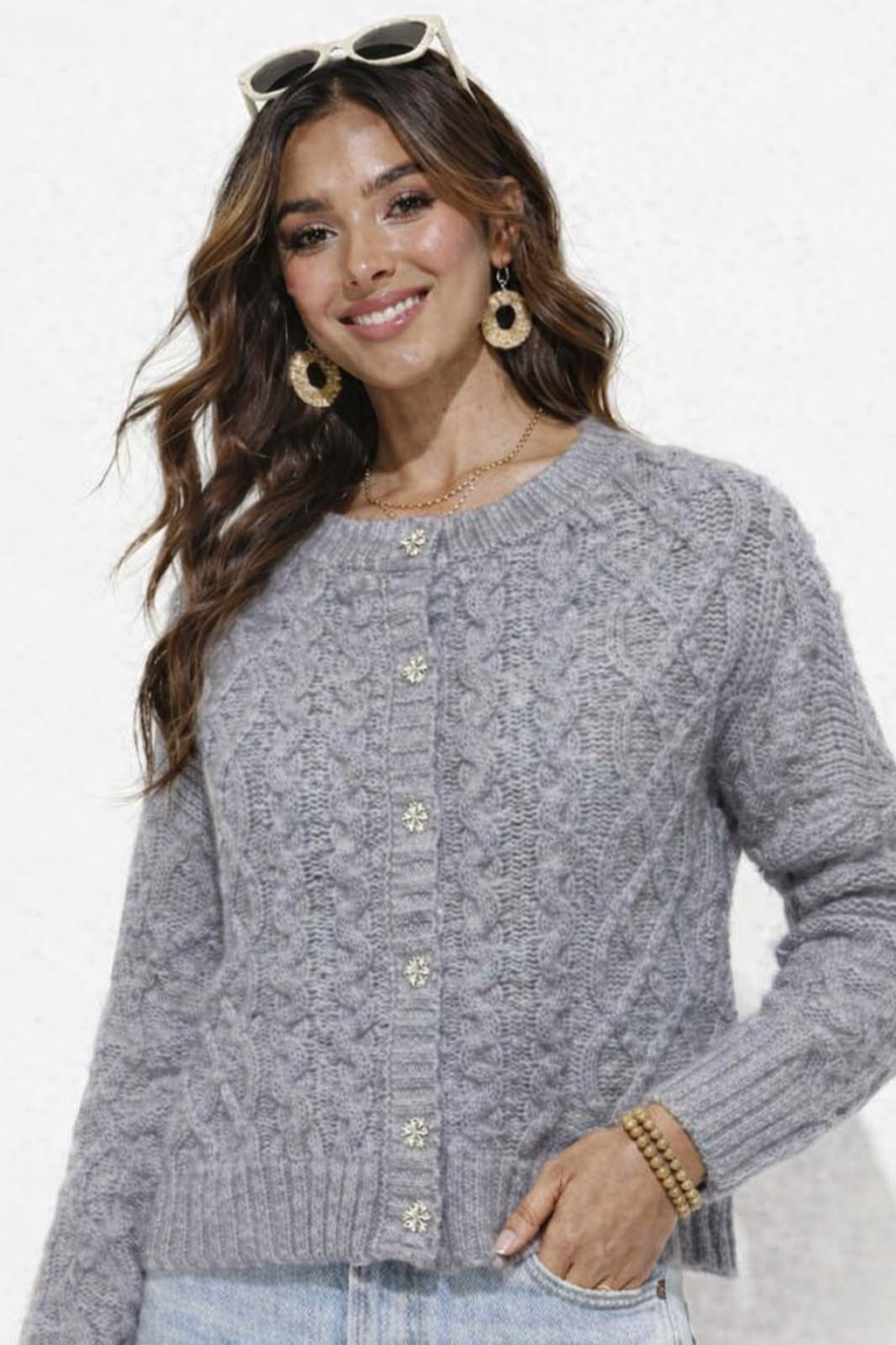 Grey Cable Knit Button-Up Cardigan | 85% Polyester, 10% Nylon, 5% Wool