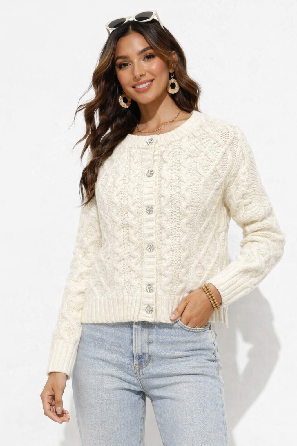 White Cable Knit Button-Up Cardigan | 85% Polyester, 10% Nylon, 5% Wool