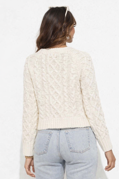 White Cable Knit Button-Up Cardigan | 85% Polyester, 10% Nylon, 5% Wool