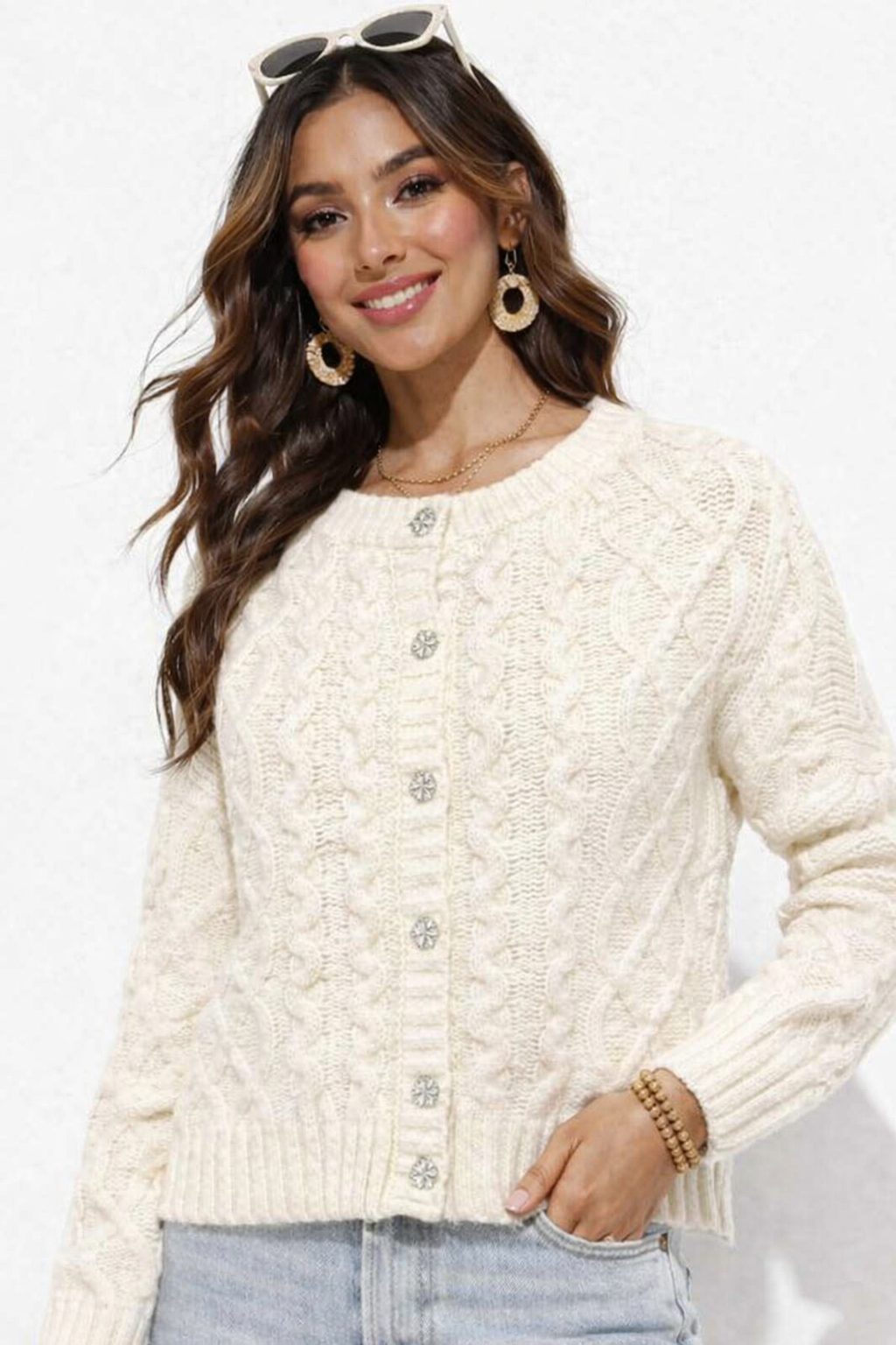 White Cable Knit Button-Up Cardigan | 85% Polyester, 10% Nylon, 5% Wool