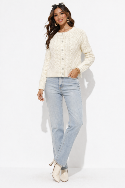 White Cable Knit Button-Up Cardigan | 85% Polyester, 10% Nylon, 5% Wool