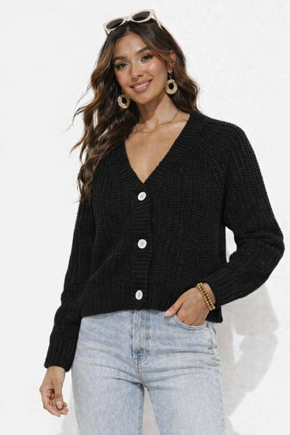 Black Acrylic Drop Shoulder Knit Cardigan with Front Button Closure