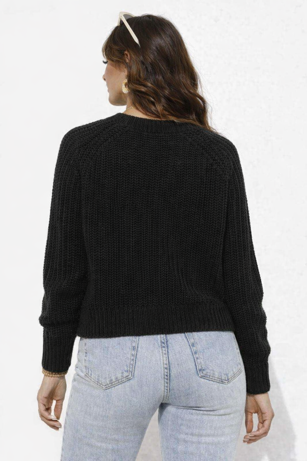 Black Acrylic Drop Shoulder Knit Cardigan with Front Button Closure