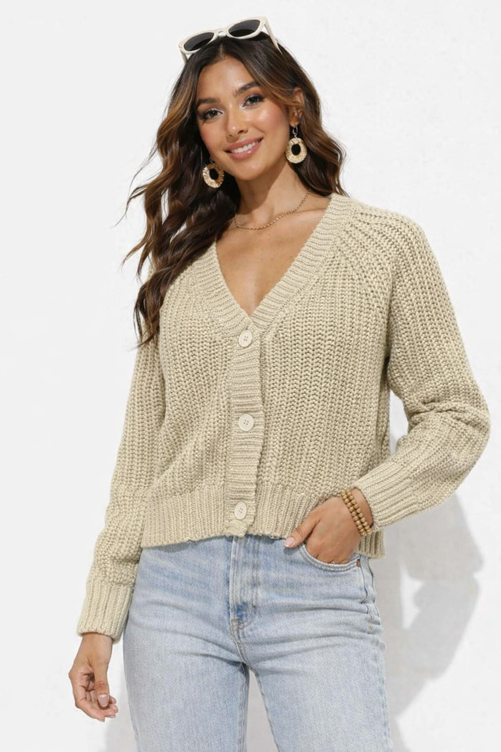 Light Brown Acrylic Drop Shoulder Knit Cardigan with Front Button Closure