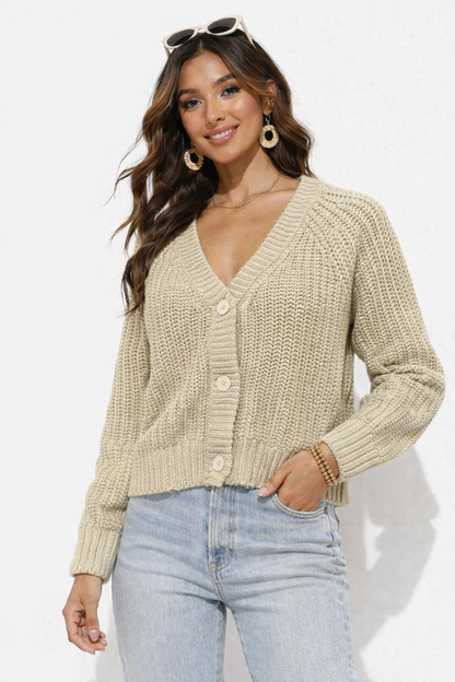 Light Brown Acrylic Drop Shoulder Knit Cardigan with Front Button Closure
