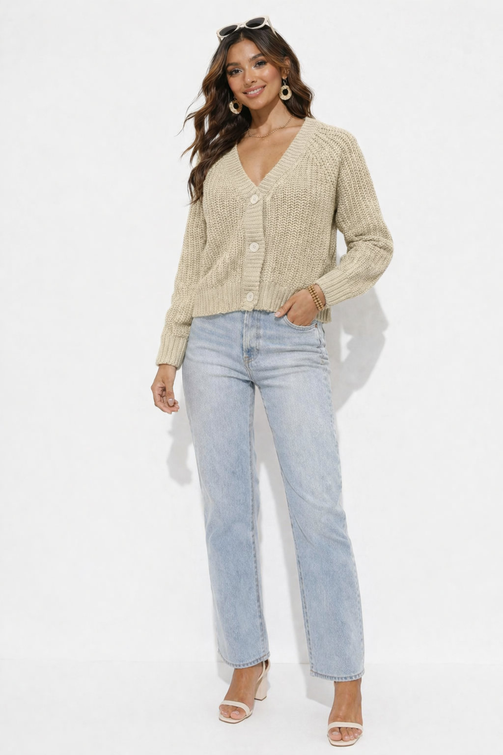 Light Brown Acrylic Drop Shoulder Knit Cardigan with Front Button Closure