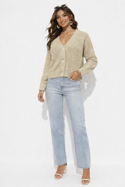 Light Brown Acrylic Drop Shoulder Knit Cardigan with Front Button Closure