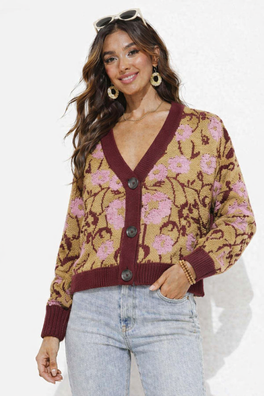 Multi Colour Floral Printed Acrylic Cardigan Sweater with Front Button Closure
