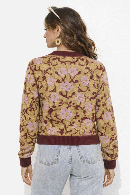 Multi Colour Floral Printed Acrylic Cardigan Sweater with Front Button Closure