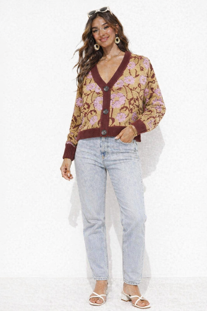 Multi Colour Floral Printed Acrylic Cardigan Sweater with Front Button Closure